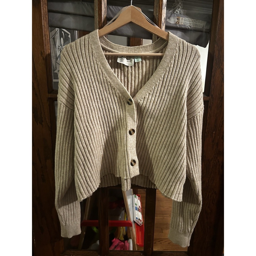 Anthropologie Saturday & Sunday Cropped Beige Button Up‎ Sweater Size S